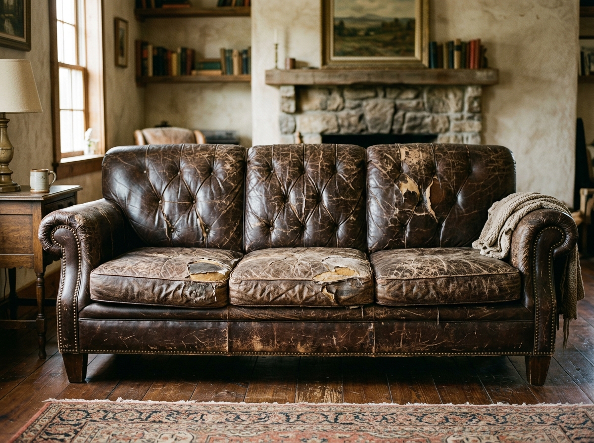 Ghế sofa da cũ bị trầy xước rách nát trước khi bọc