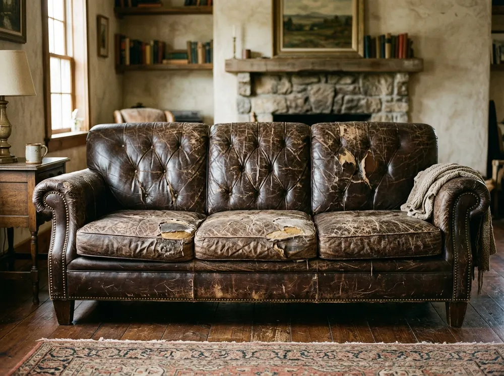 Hiện trạng bộ sofa góc L da cũ rách sờn xẹp lún trước khi bọc