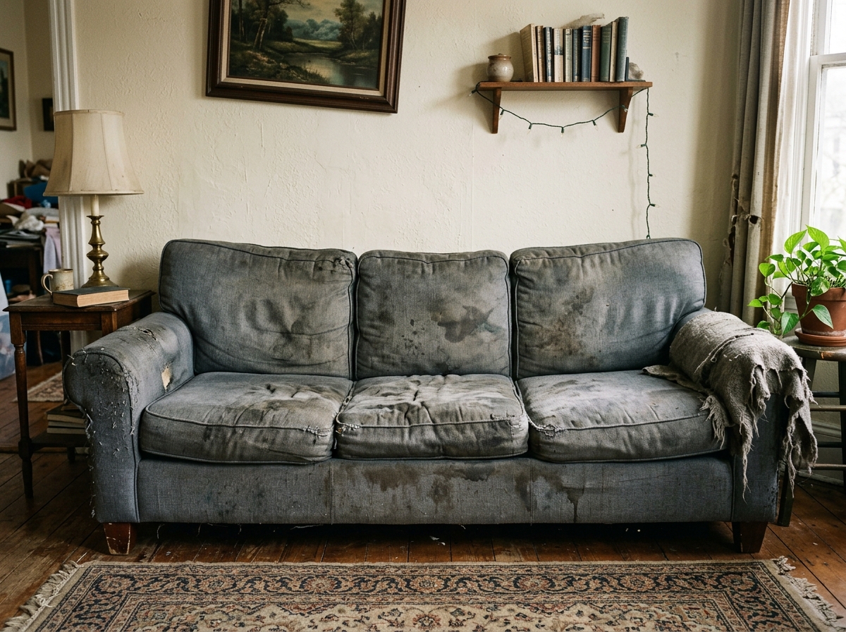 Sofa nỉ cũ nát ố bẩn trước khi bọc lại