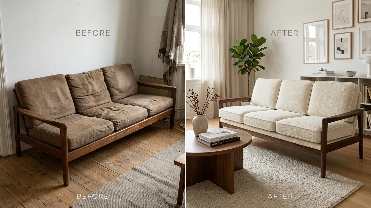 So sánh trước và sau khi bọc lại ghế sofa cũ phòng khách