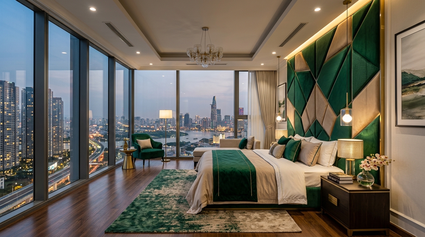 Hoàn thiện dự án Dự Án Thi Công Vách Ốp Tường Phòng Ngủ Nỉ Nhung Bỉ – Penthouse Central Park (Anh Đức)
