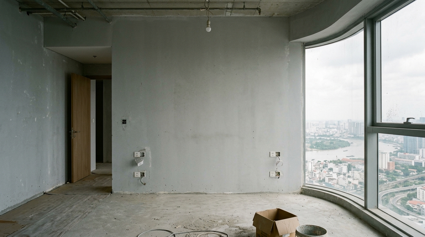 Hiện trạng ban đầu dự án Dự Án Thi Công Vách Ốp Tường Phòng Ngủ Nỉ Nhung Bỉ – Penthouse Central Park (Anh Đức)