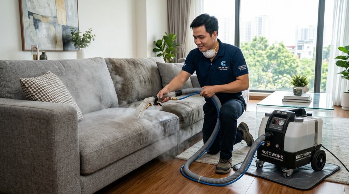 Giặt sofa bằng hơi nước nóng 140C diệt khuẩn