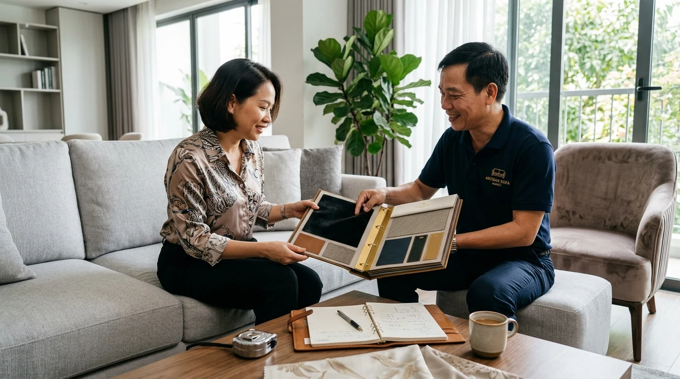 Kỹ thuật viên bọc sofa đo đạc tại nhà